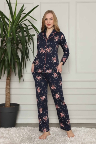 Çiçek Desenli Düğmeli Uzun Kollu Bayan Pijama Takımı 2579UY - 1