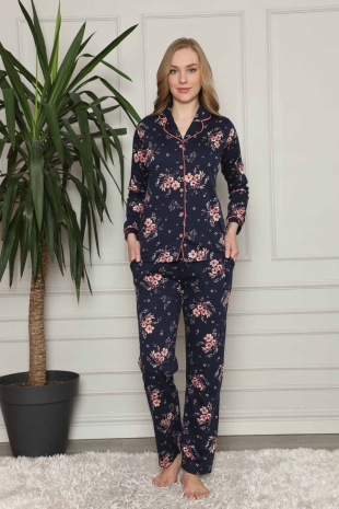 Çiçek Desenli Düğmeli Uzun Kollu Bayan Pijama Takımı 2579UY - 4