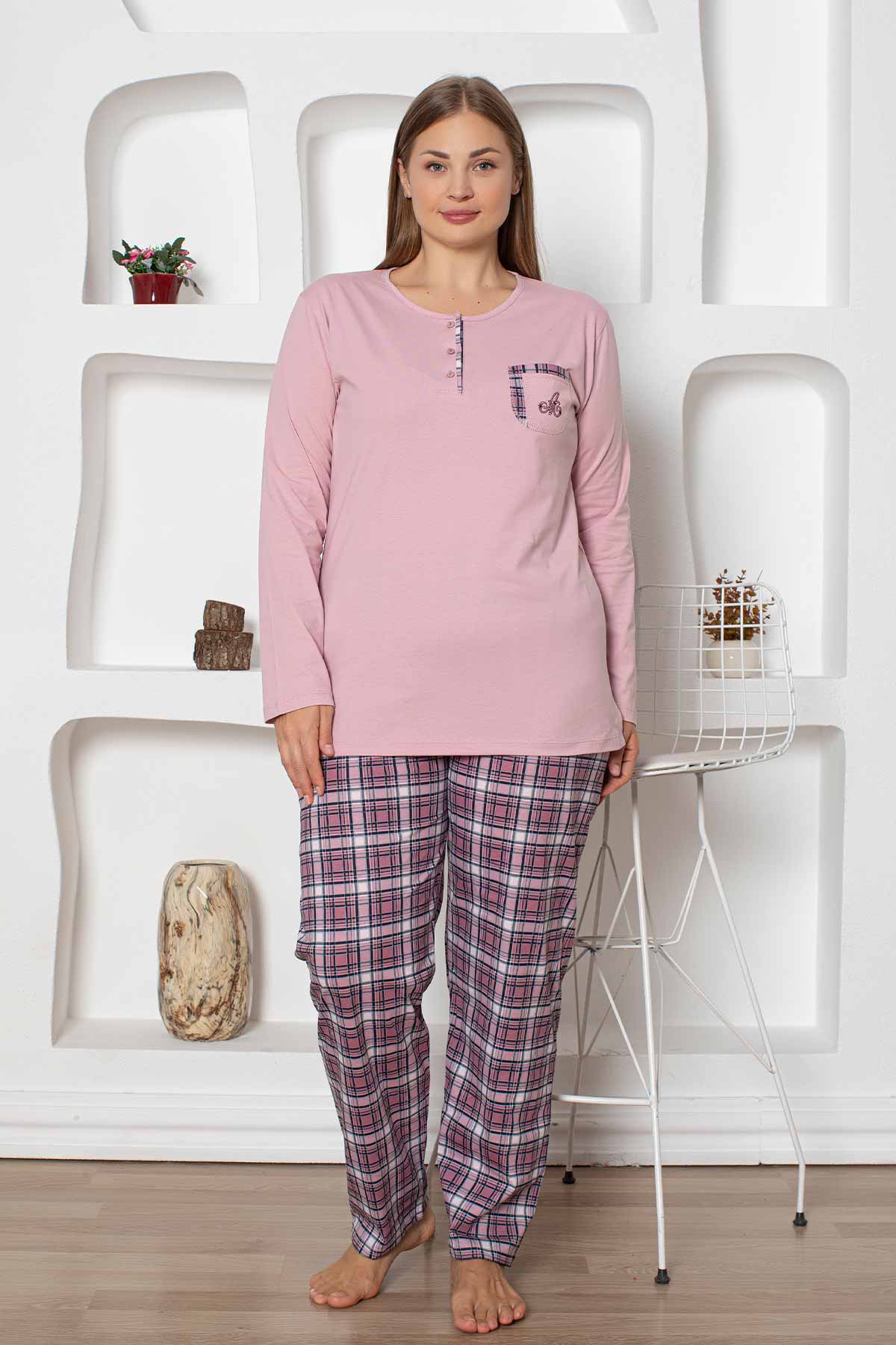 Ekoseli%20Büyük%20Beden%20Kadın%20Pijama%20Takımı%20-%20Penye%20Uzun%20Kollu%202800UYB