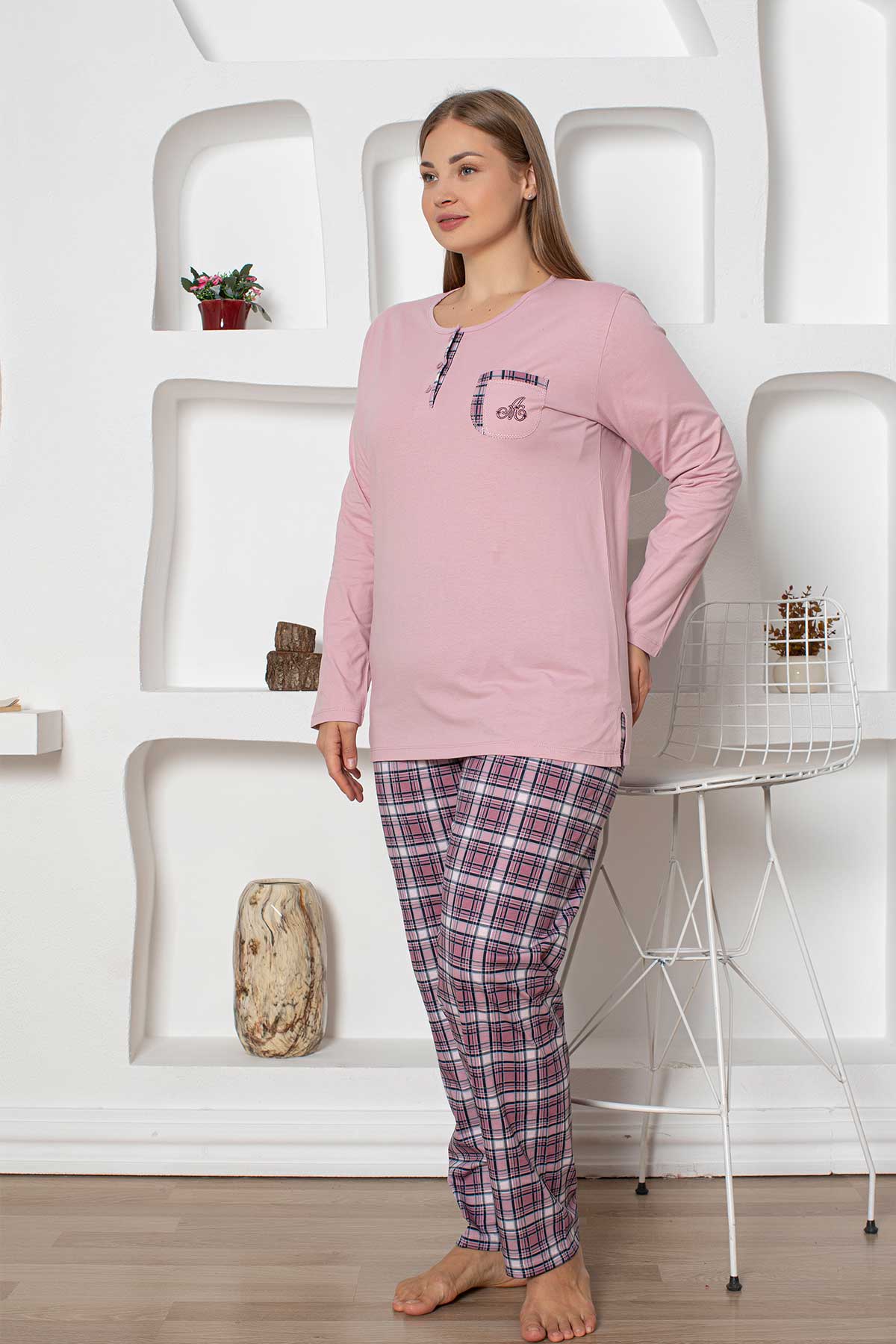 Ekoseli%20Büyük%20Beden%20Kadın%20Pijama%20Takımı%20-%20Penye%20Uzun%20Kollu%202800UYB