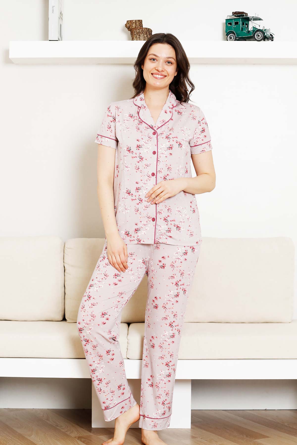 Önden%20Düğmeli%20Kadın%20Pijama%20Takımı%20-%20Kısa%20Kol%20Likralı%20Rink%20Viskon%202844KY