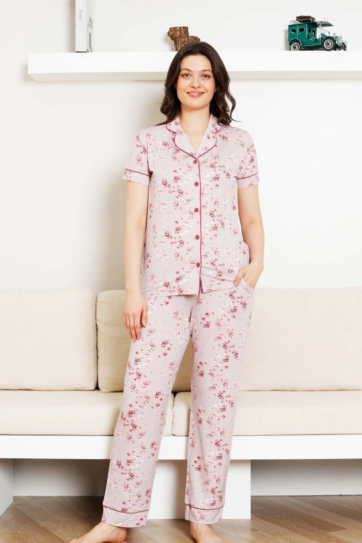 Önden%20Düğmeli%20Kadın%20Pijama%20Takımı%20-%20Kısa%20Kol%20Likralı%20Rink%20Viskon%202844KY