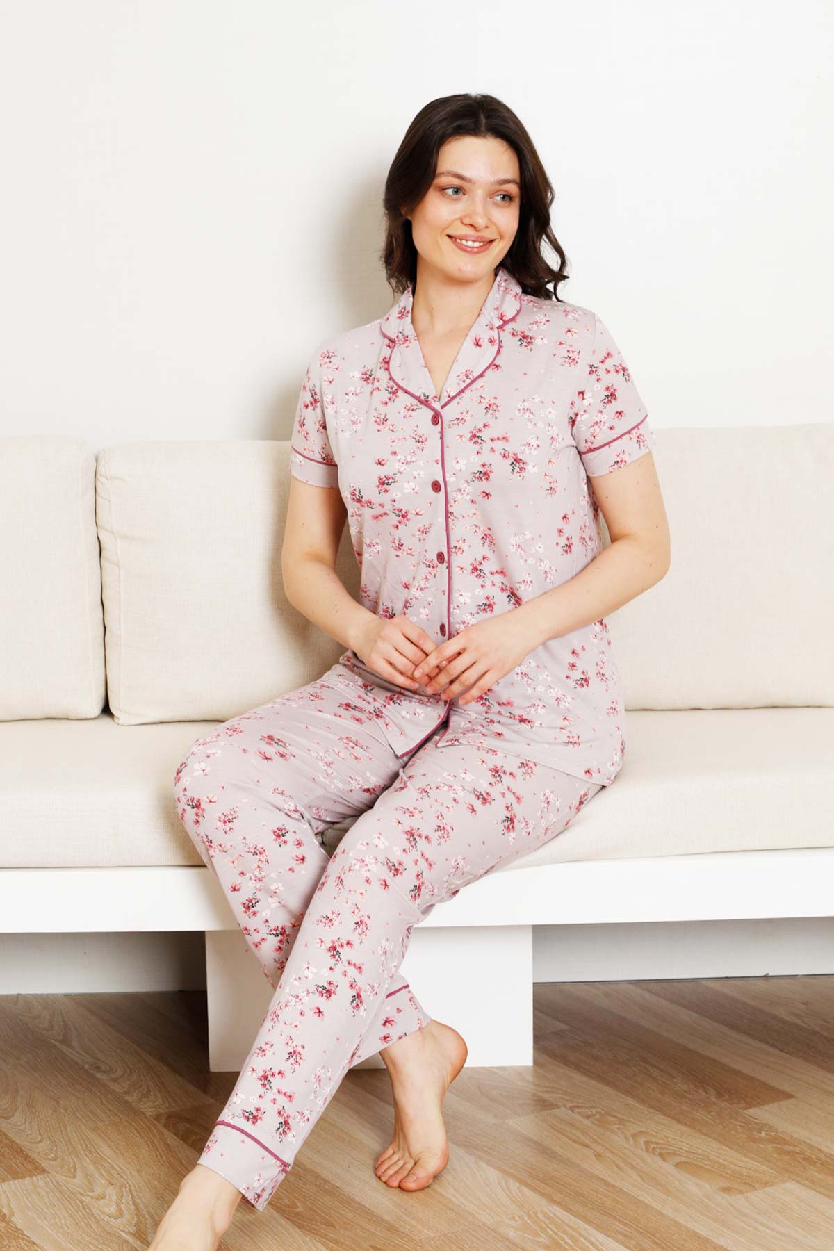 Önden%20Düğmeli%20Kadın%20Pijama%20Takımı%20-%20Kısa%20Kol%20Likralı%20Rink%20Viskon%202844KY