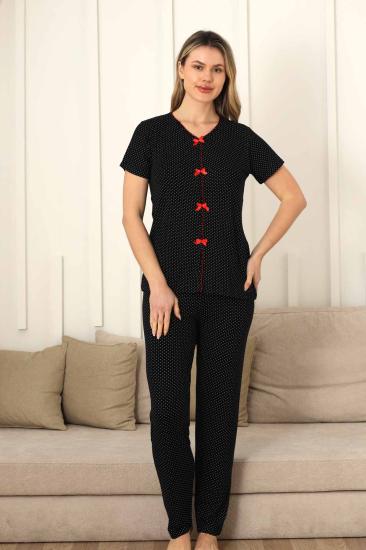 Fiyonklu Kadın Pijama Takımı - Siyah Puantiyeli Kısa Kol Likralı 2828KY