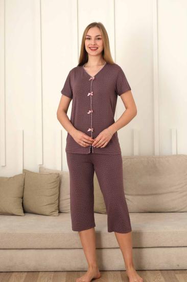 Fiyonklu Kadın Pijama Takımı - Gülkurusu Puantiyeli Kapri Likralı 2828B
