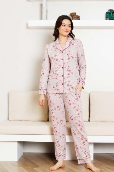 Önden Düğmeli Kadın Pijama Takımı - Uzun Kol Likralı Rink Viskon 2844UY