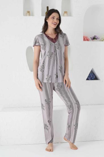 Mürdüm Çizgili Likralı Dantelli Kısa Kollu Bayan Pijama Takımı 2715KY