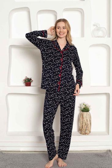 Kadın Pijama Takımı - Yıldız Desenli Önden Düğmeli Uzun Kollu Penye 2536UY