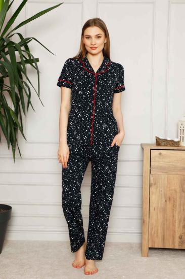 Kadın Pijama Takımı - Yıldız Desenli Önden Düğmeli Kısa Kollu Penye 2536KY