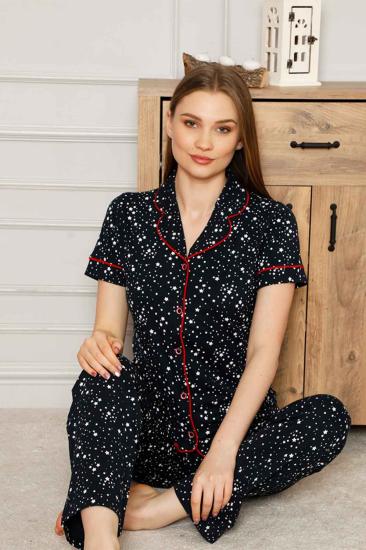 Kadın Pijama Takımı - Yıldız Desenli Önden Düğmeli Kısa Kollu Penye 2536KY