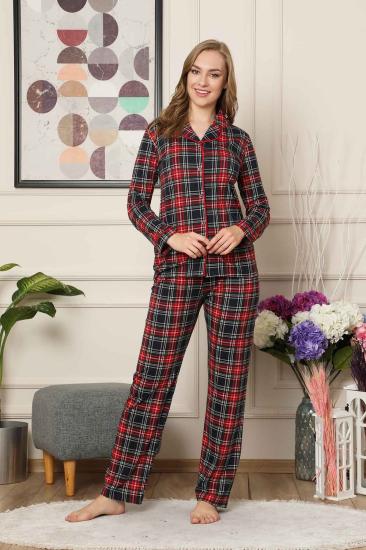 Kareli Önden Düğmeli Uzun Kollu Likralı Viskon Bayan Pijama Takımı 2523UY