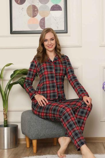 Kareli Önden Düğmeli Uzun Kollu Likralı Viskon Bayan Pijama Takımı 2523UY
