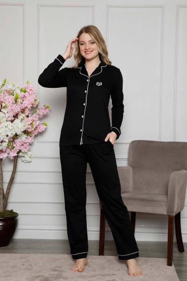 Siyah Önden Düğmeli Uzun Kollu Bayan Pijama Takımı 2577UY