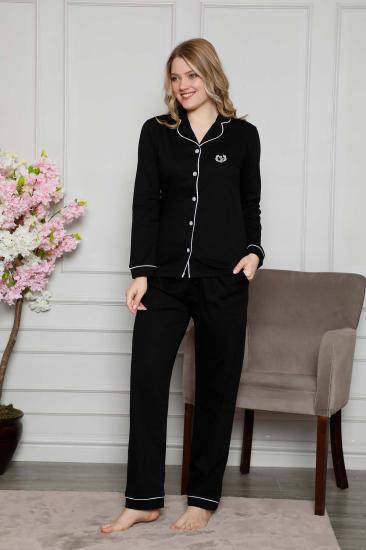 Siyah Önden Düğmeli Uzun Kollu Bayan Pijama Takımı 2577UY
