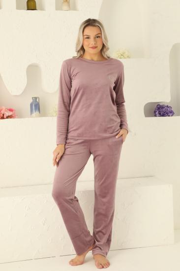 Kadife Kadın Pijama Takımı - İthal Kadife Pudra Nakışlı Cepli 2598UK