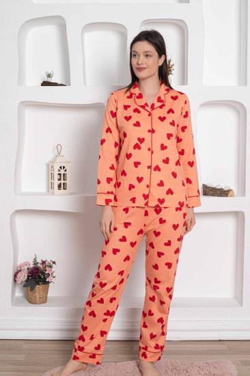 Önden Düğmeli Kadın Pijama Takımı - Somon Kalp desenli Penye 2783UY