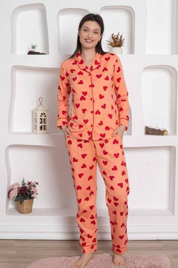 Önden Düğmeli Kadın Pijama Takımı - Somon Kalp desenli Penye 2783UY