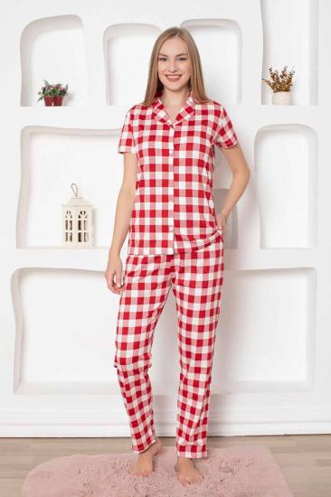 Ekoseli Önden Düğmeli Kadın Pijama Takımı - Kırmızı Kısa Kollu Penye 2793KY