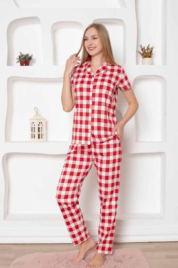 Ekoseli Önden Düğmeli Kadın Pijama Takımı - Kırmızı Kısa Kollu Penye 2793KY