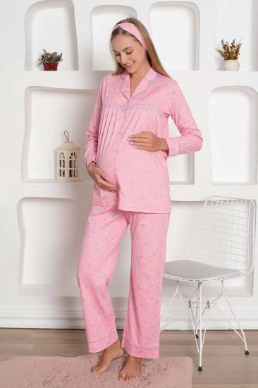 Hamile Lohusa Pijama Takımı - Pembe Kalpli Penye 2796