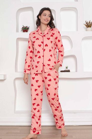 Önden Düğmeli Kadın Pijama Takımı - Pembe Kalp desenli Penye 2783UY