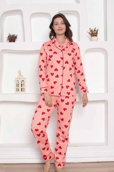 Önden Düğmeli Kadın Pijama Takımı - Pembe Kalp desenli Penye 2783UY