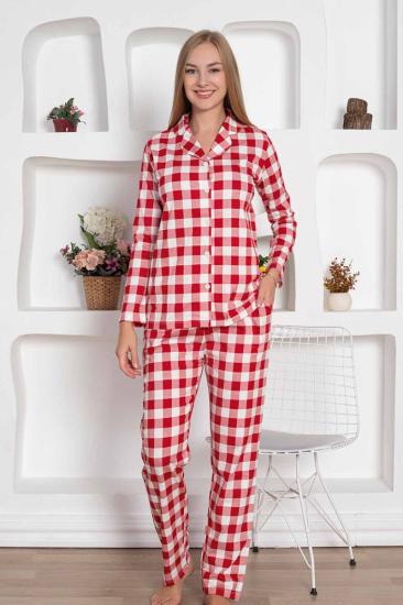 Ekoseli Önden Düğmeli Kadın Pijama Takımı - Kırmızı Uzun Kollu Penye 2793UY
