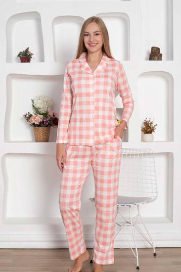Ekoseli Önden Düğmeli Kadın Pijama Takımı - Pembe Uzun Kollu Penye 2793UY