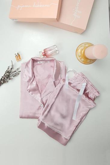 İpek Saten Boydan Düğmeli Kadın Pijama Takımı - Pembe Erkek Yaka Fiyonklu 8004MS