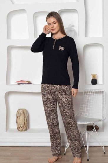 Leopar desenli Kadın Pijama Takımı - Fiyonk Nakışlı Likralı 2805UY