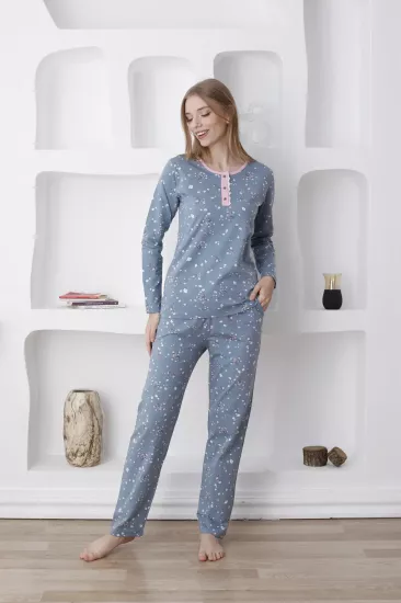 Çiçek Desenli Kadın Pijama Takımı - Uzun Kollu Likralı Penye 2808UY