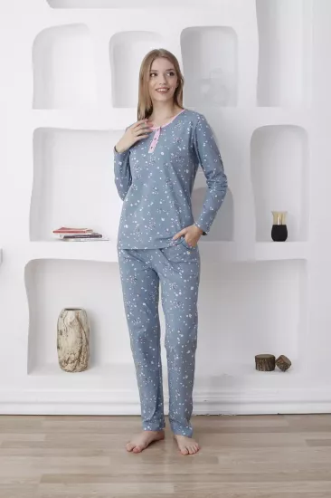 Çiçek Desenli Kadın Pijama Takımı - Uzun Kollu Likralı Penye 2808UY