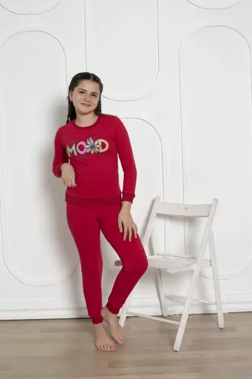 Kışlık Kız Çocuk Pijaması - Kırmızı Renk İki İplik Baskılı 5171UKL