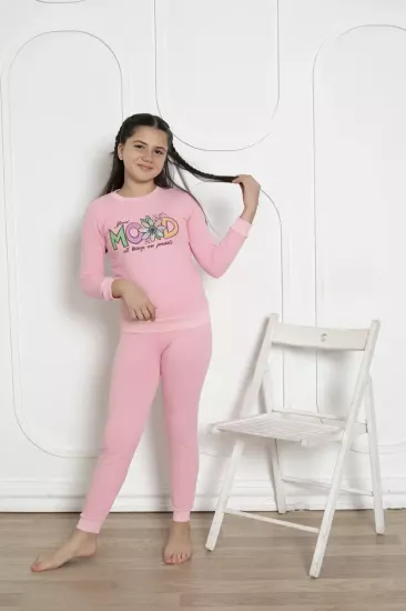 Kışlık Kız Çocuk Pijaması - Pembe Renk İki İplik Baskılı 5171UKL