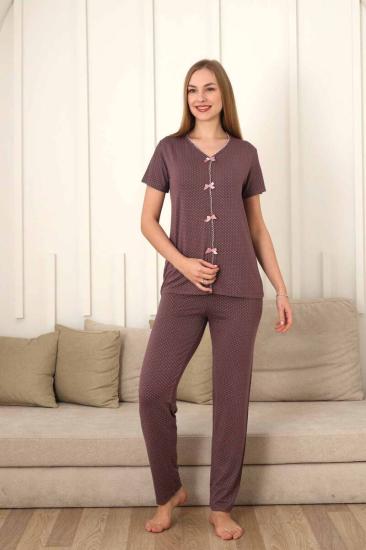 Fiyonklu Kadın Pijama Takımı - Gülkurusu Puantiyeli Kısa Kol Likralı 2828KY