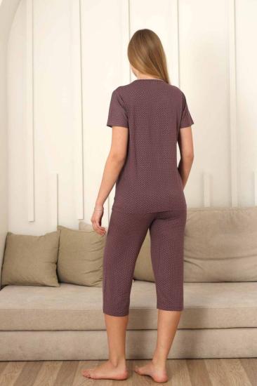 Fiyonklu Kadın Pijama Takımı - Gülkurusu Puantiyeli Kapri Likralı 2828B