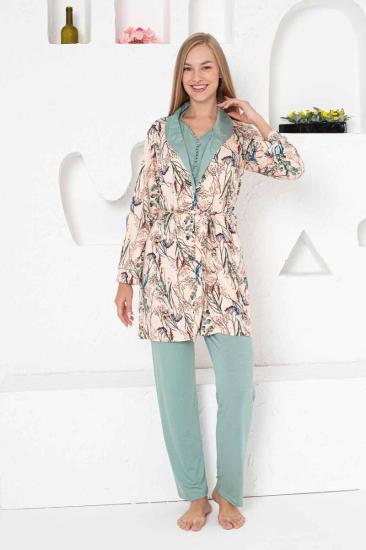 Sabahlıklı Pijama Takımı - Yeşil Dantel Detaylı 3 Parça Likralı 2741