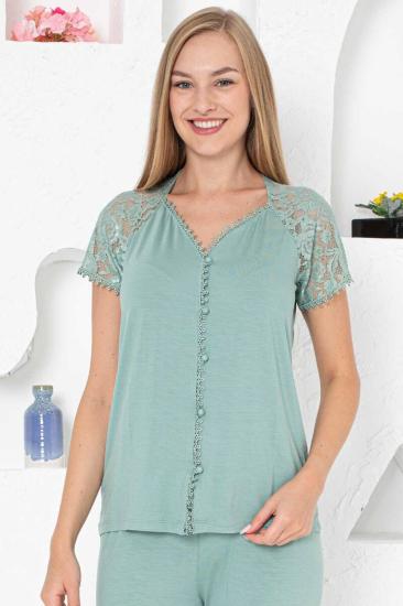 Sabahlıklı Pijama Takımı - Yeşil Dantel Detaylı 3 Parça Likralı 2741