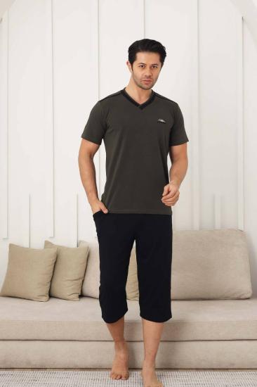 Erkek Pijama Takımı - Yeşil Arma Nakışlı Likralı V Yaka Bermuda 1212B