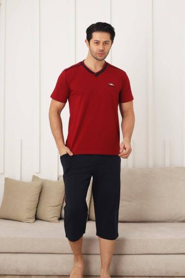 Erkek Pijama Takımı - Bordo Arma Nakışlı Likralı V Yaka Bermuda 1212B