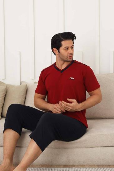 Erkek Pijama Takımı - Bordo Arma Nakışlı Likralı V Yaka Bermuda 1212B