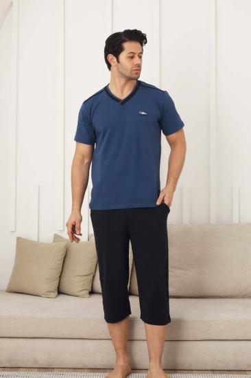 Erkek Pijama Takımı - İndigo Arma Nakışlı Likralı V Yaka Bermuda 1212B