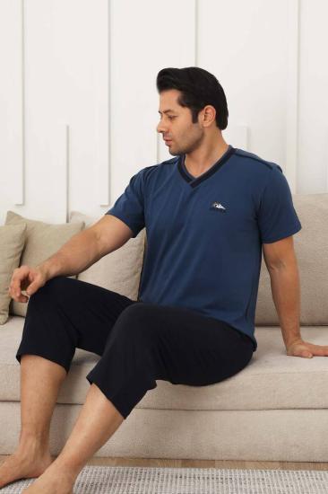 Erkek Pijama Takımı - İndigo Arma Nakışlı Likralı V Yaka Bermuda 1212B