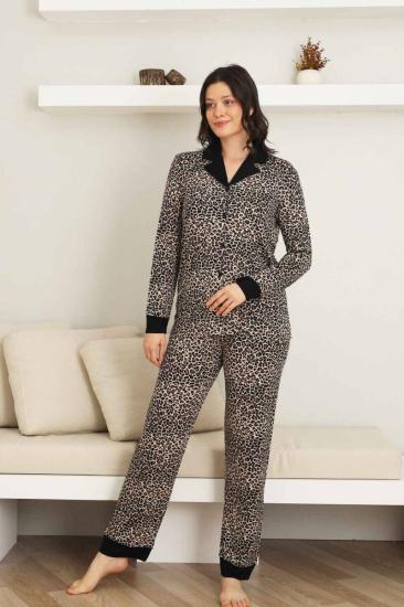 Leopar desenli Kadın Pijama Takımı - Bambu Likralı Kumaş  Önden düğmeli Uzun Kol 2719UY