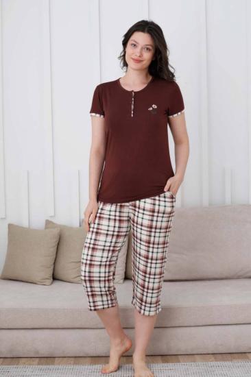 Ekoseli Kadın Pijama Takımı - Kahverengi Nakışlı Likralı Bermuda 2834B
