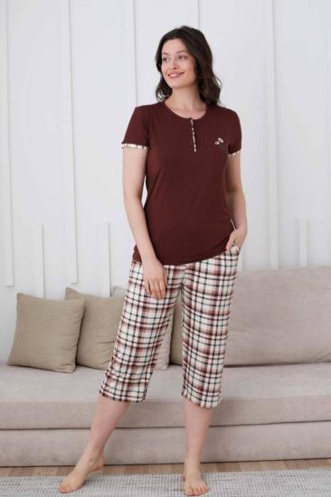 Ekoseli Kadın Pijama Takımı - Kahverengi Nakışlı Likralı Bermuda 2834B