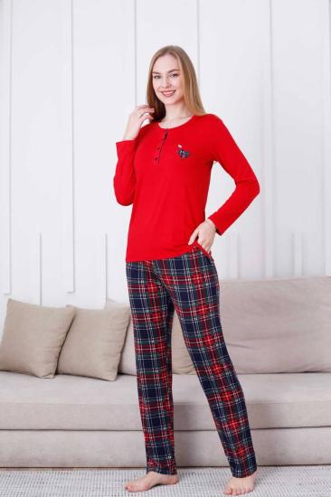 Ekoseli Kadın Pijama Takımı - Kırmızı  Kareli Nakışlı Likralı Viskon Uzun Kol 2835UY