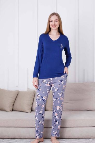Çiçek Desenli Kadın Pijama Takımı - V Yaka Likralı Viskon Uzun Kollu 2837UY