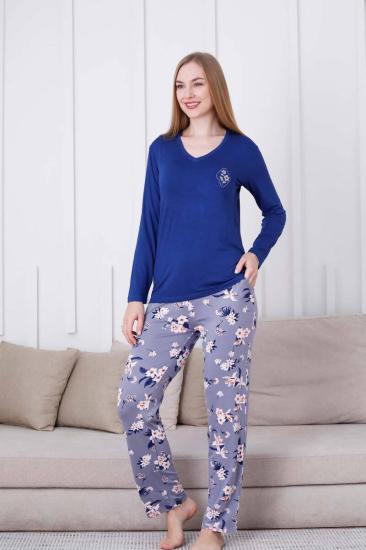 Çiçek Desenli Kadın Pijama Takımı - V Yaka Likralı Viskon Uzun Kollu 2837UY