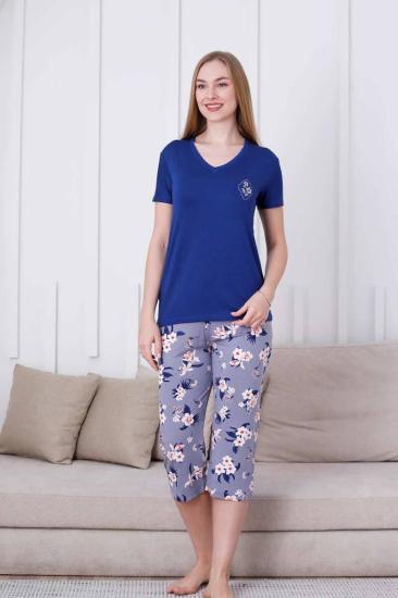 Çiçek Desenli Kadın Pijama Takımı - V Yaka Likralı Viskon Bermuda 2837B